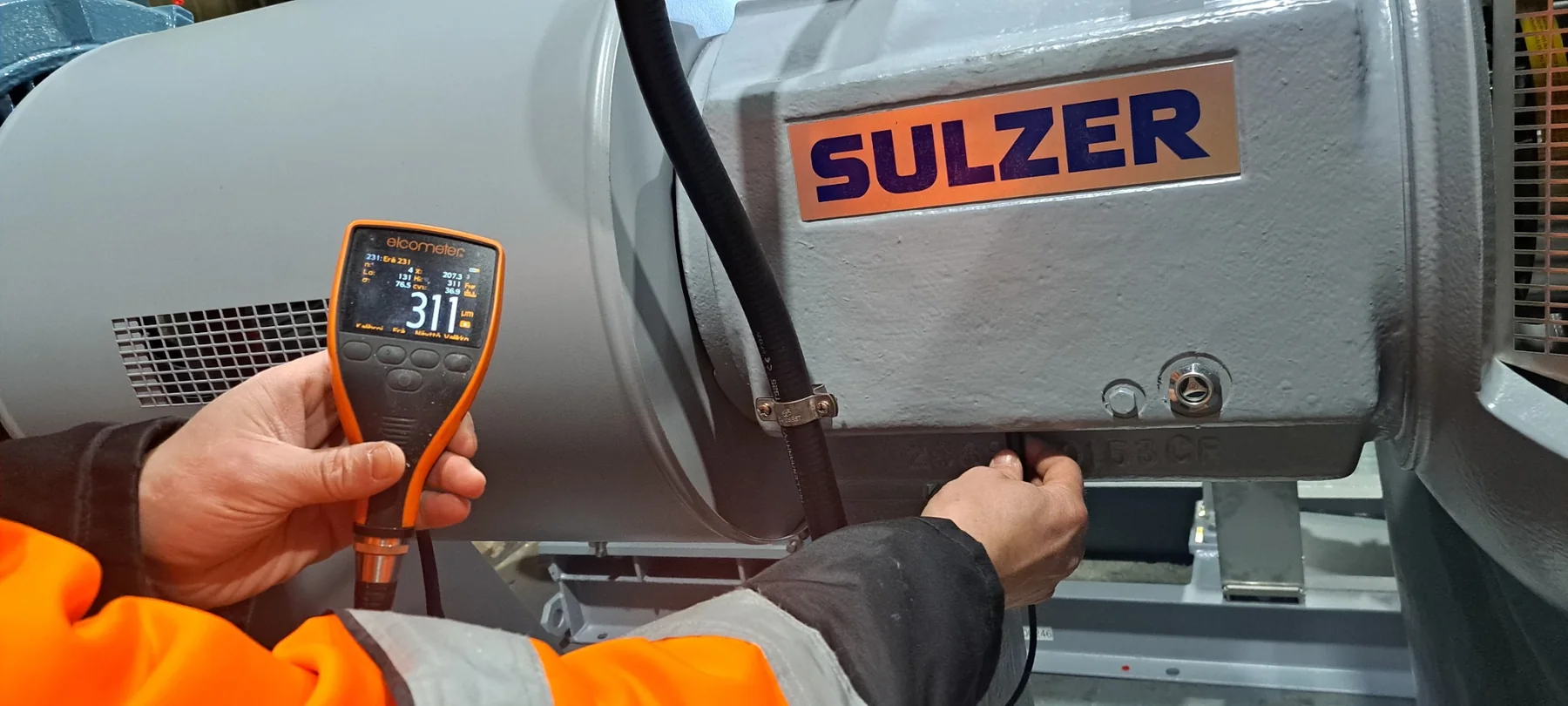Dry film coating thickness measurement on painted equipment casing